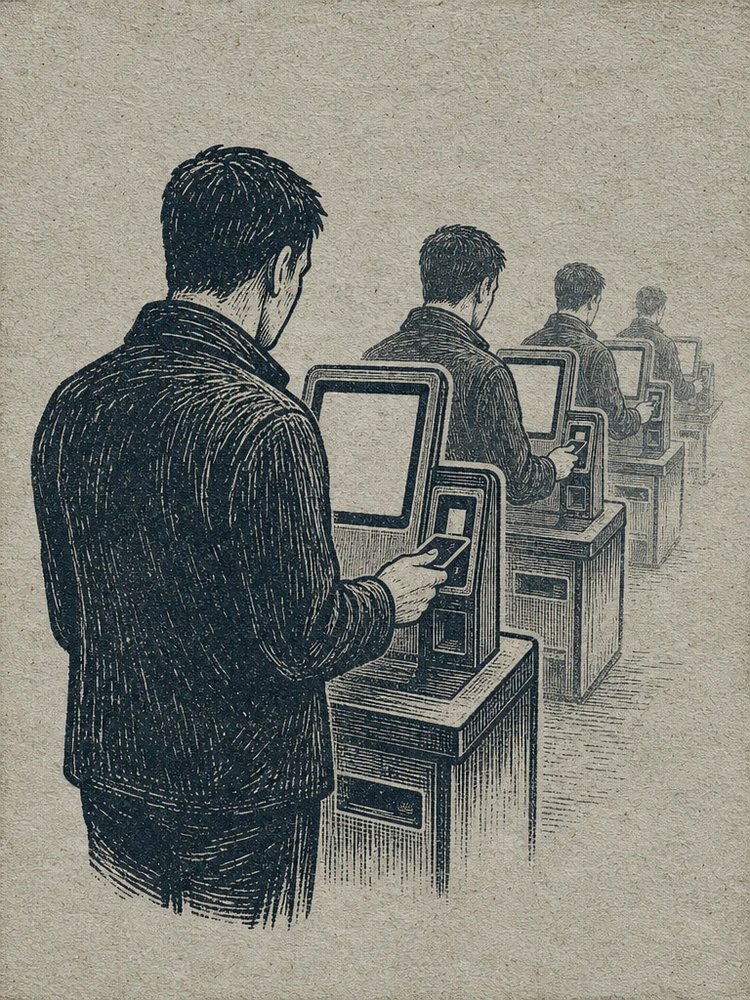Menschen stehen in einer langen Reihe vor Bildschirmterminals