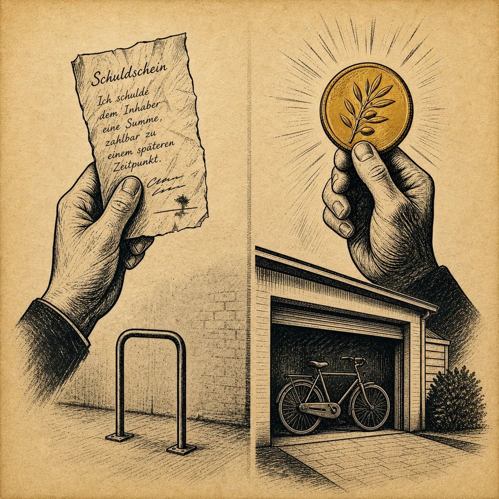 Eine Hand hält einen Zettel, eine andere eine goldene Münze vor einer Garage mit Fahrrad