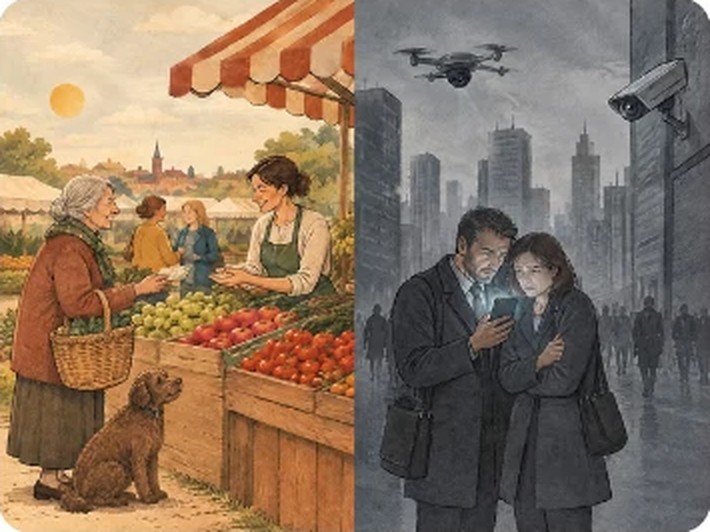 Links eine ältere Frau mit Hund, die auf dem Markt bar bezahlt – rechts ein Paar in einer grauen Stadt voller Kameras und Drohnen, das aufs Smartphone starrt