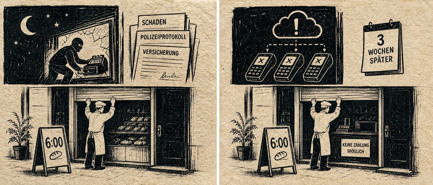 Zwei Bilder einer Bäckerei: links ein nächtlicher Einbruch mit Schadensmeldung, Polizeiprotokoll und Versicherung, rechts drei Wochen später ausgefallene Kartenterminals und ein Schild „Keine Zahlung möglich“