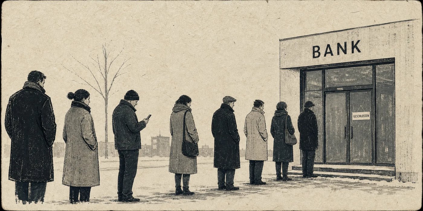 Menschen stehen im Winter in einer langen Schlange vor einer Bank, an der Tür hängt ein Schild „Geschlossen“