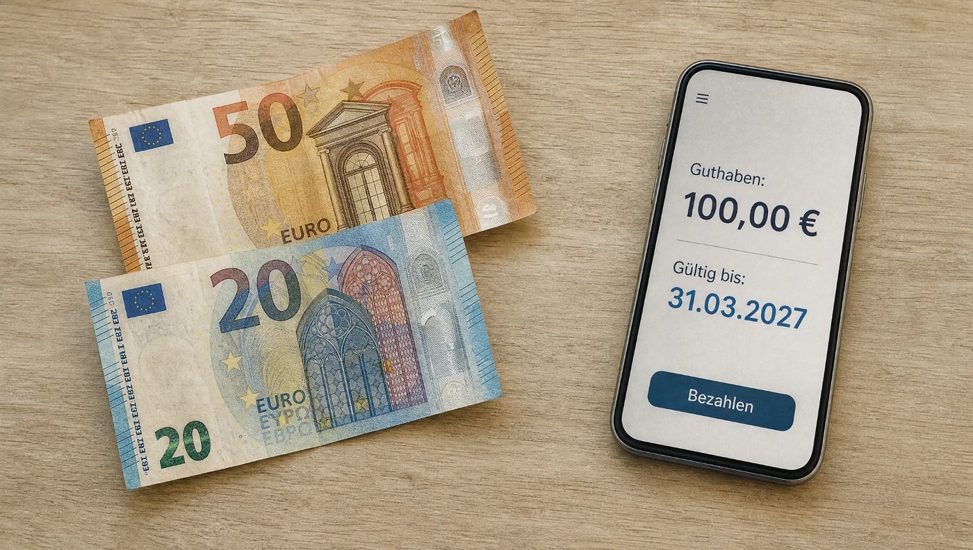 Ein 50- und ein 20-Euro-Schein neben einem Handy mit einem Guthaben von 100 Euro, gültig bis 31.03.2027