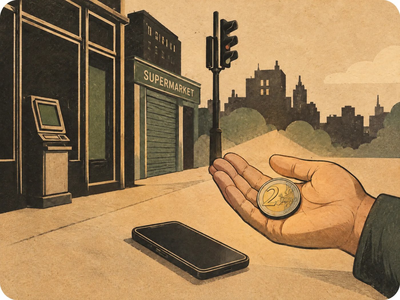 Eine Hand hält eine 2-Euro-Münze, daneben liegt ein dunkles Handy auf dem Gehweg, im Hintergrund ein geschlossener Supermarkt und ein Geldautomat