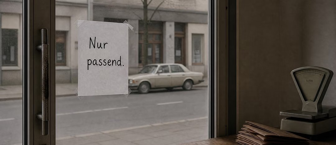An der Glastür eines Ladens klebt ein Zettel „Nur passend.“, dahinter eine Straße mit parkendem Auto