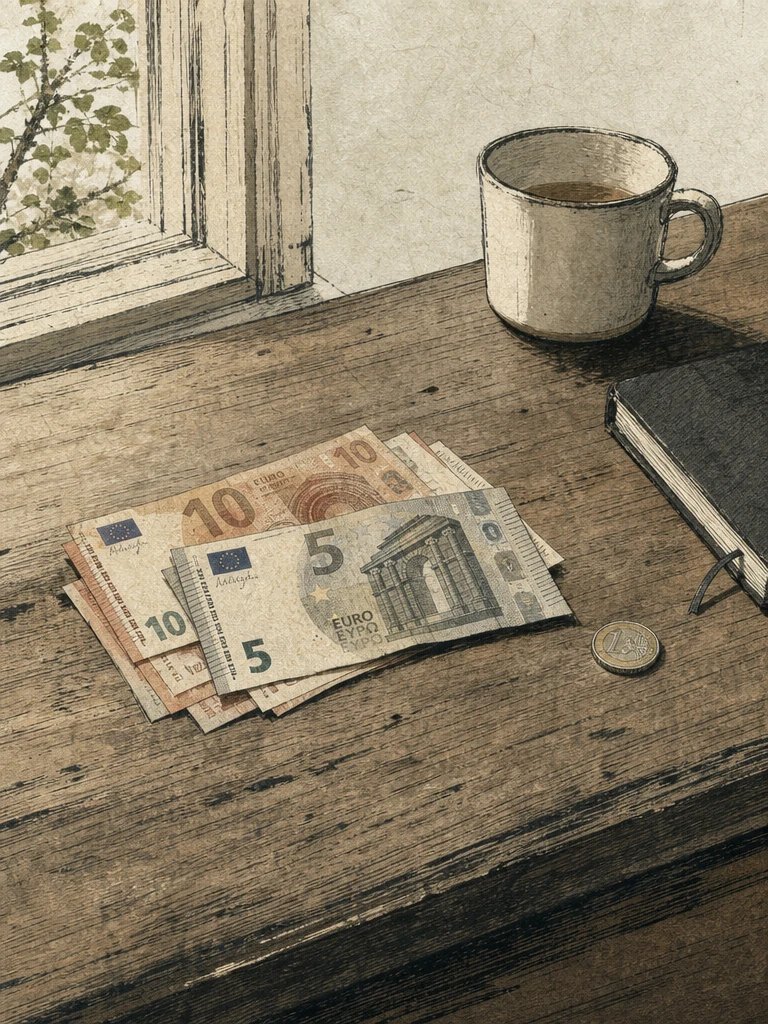 Ein paar 5- und 10-Euro-Scheine und eine Euromünze auf einem alten Holztisch, daneben ein Becher und ein Notizbuch
