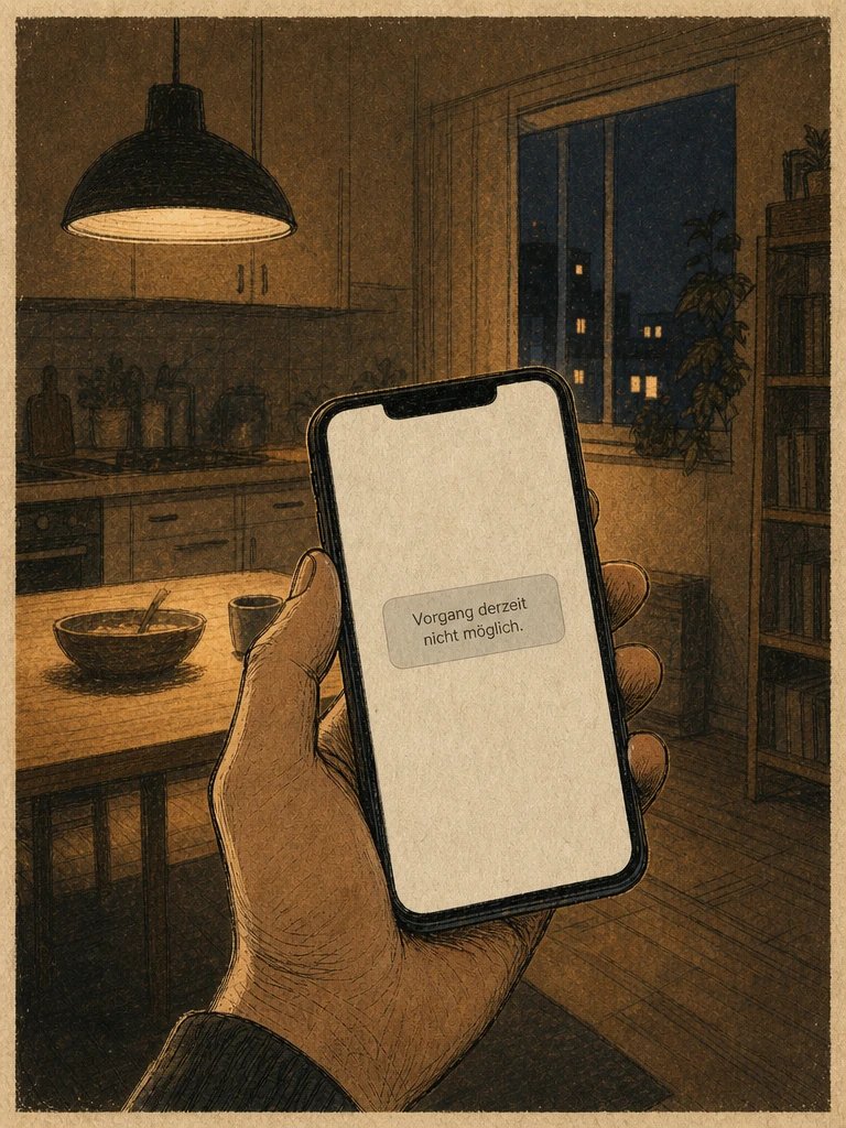 Abends in der Küche: Eine Hand hält ein Handy mit der Meldung „Vorgang derzeit nicht möglich.“
