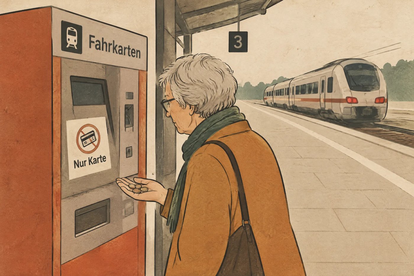 Eine ältere Frau steht mit Münzen in der Hand vor einem Fahrkartenautomaten mit dem Aufkleber „Nur Karte“, im Hintergrund fährt ein Zug ab