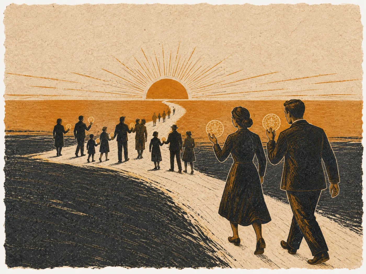 Viele Menschen gehen auf einem gewundenen Weg der aufgehenden Sonne entgegen, jeder hält eine leuchtende Münze in der Hand