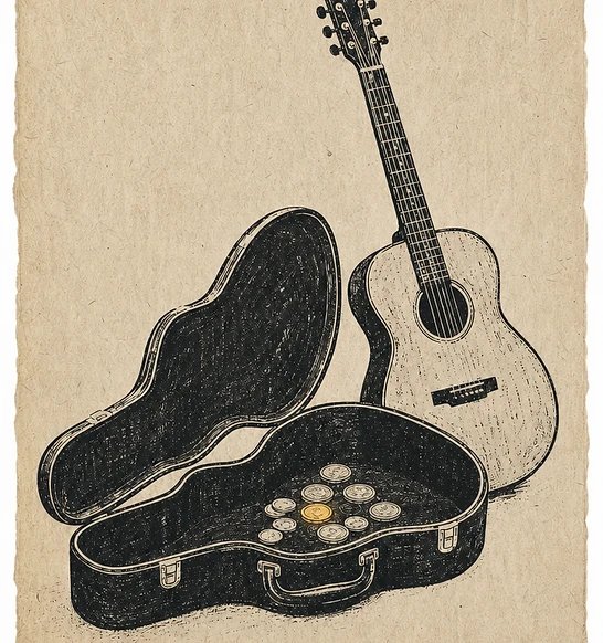 Ein offener Gitarrenkoffer mit Münzen, daneben eine angelehnte Gitarre