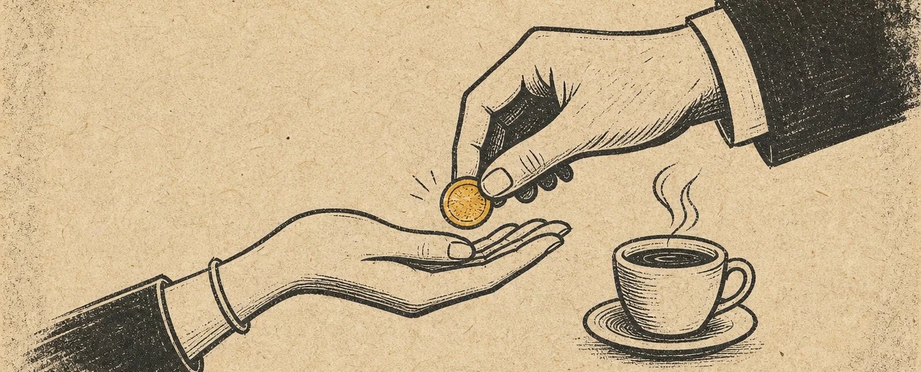 Eine Hand legt eine Münze in eine geöffnete Hand, daneben eine dampfende Tasse Kaffee