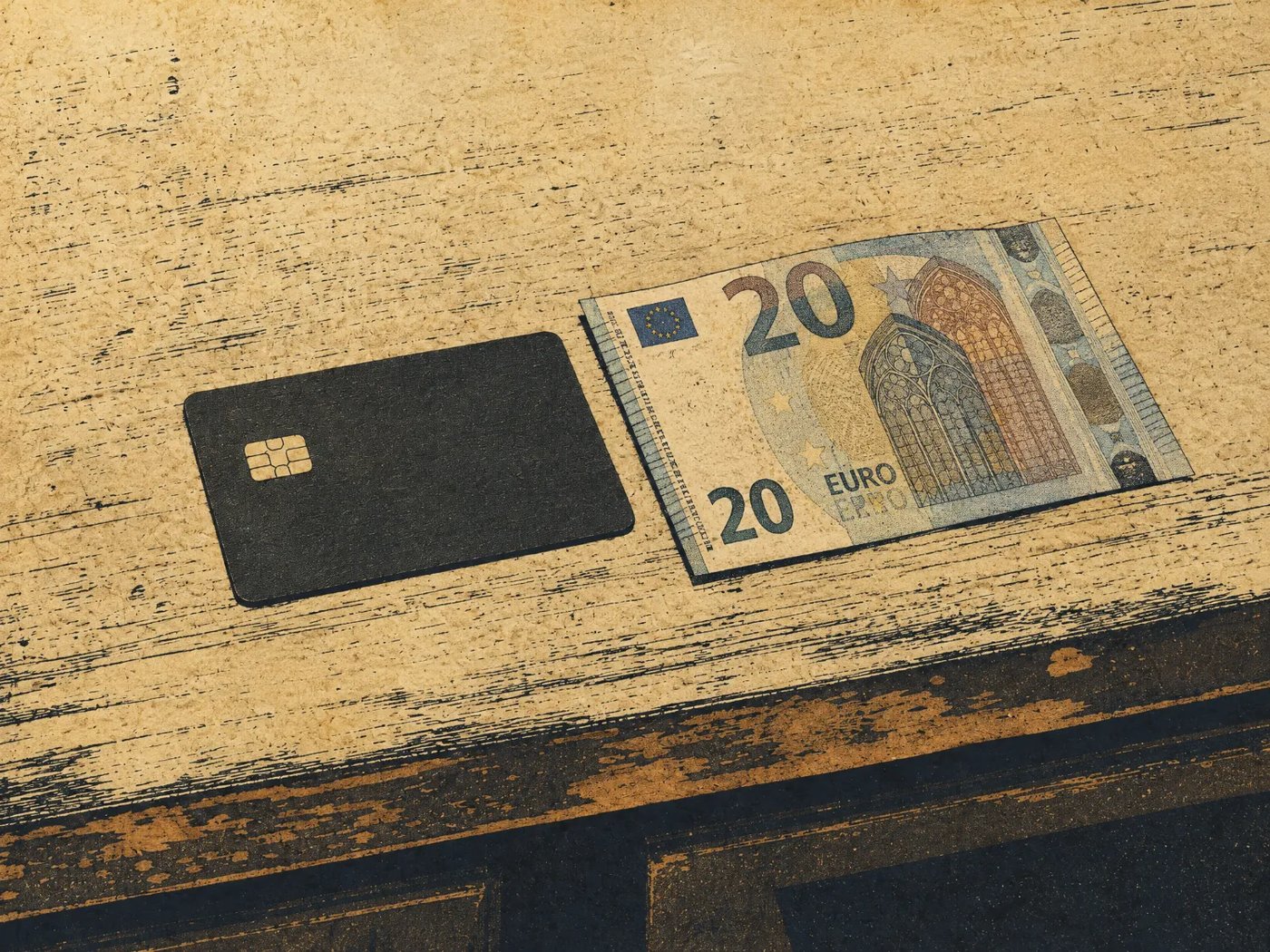 Eine schwarze Bankkarte und ein 20-Euro-Schein nebeneinander auf einem alten Holztisch