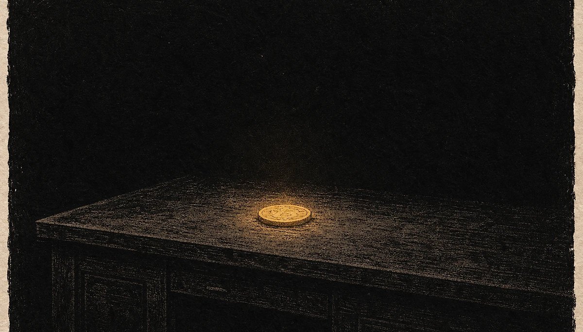 Eine einzelne goldene Münze leuchtet auf einem Tisch in einem völlig dunklen Raum